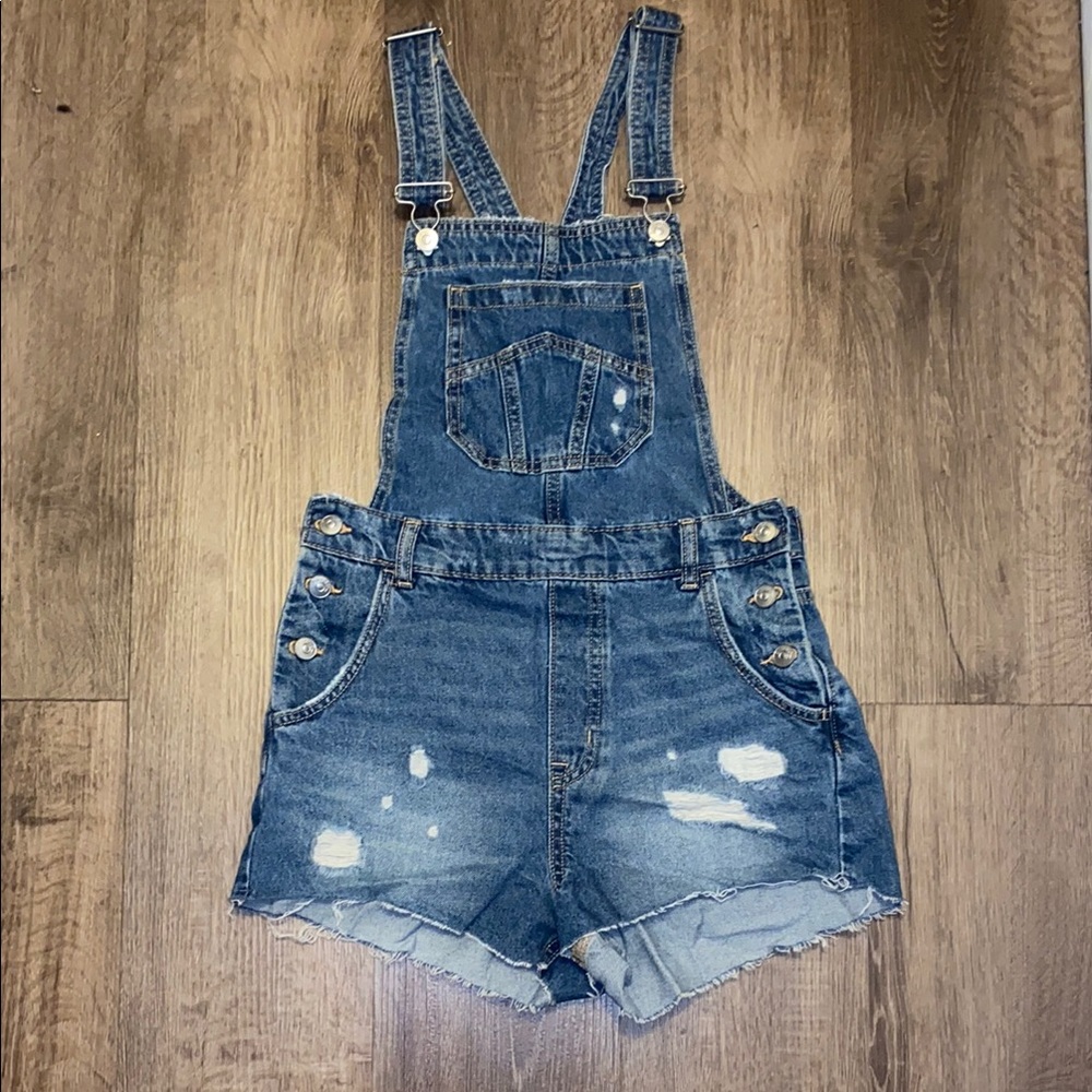 Denim Distressed Overall Shorts